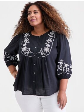 Embroidered Button-Front Blouse in Black Boho Festival Cottagecore NWT